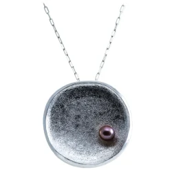 Ab Ove - Round Flat Big Pendant in Silver with River Pearl - Venus Collection - Handcrafted Earrings - High Quality Luxury - Avvenice