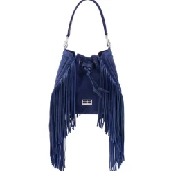 Aleksandra Badura - Lucky Bucket Bag Medium - Fringe Bucket Bag Medium - Blu China - Luxury High Quality Leather Bag - Avvenice