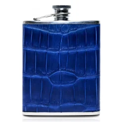 Ammoment - Hip Flask - Crocodile in Blue Navy - Luxury Stainless Steel Hip Flask in Leather - Avvenice