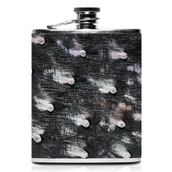 Ammoment - Hip Flask - Ostrich Leather in Tahitian Pearl Peacock Black - Luxury Stainless Steel Hip Flask in Leather - Avvenice