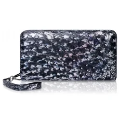 Ammoment - Ostrich in Tahitian Pearl Black - Leather Large Long Zipper Wallet - Avvenice