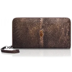 Ammoment - Stingray in Glitter Metallic Brown - Leather Large Long Zipper Wallet - Avvenice