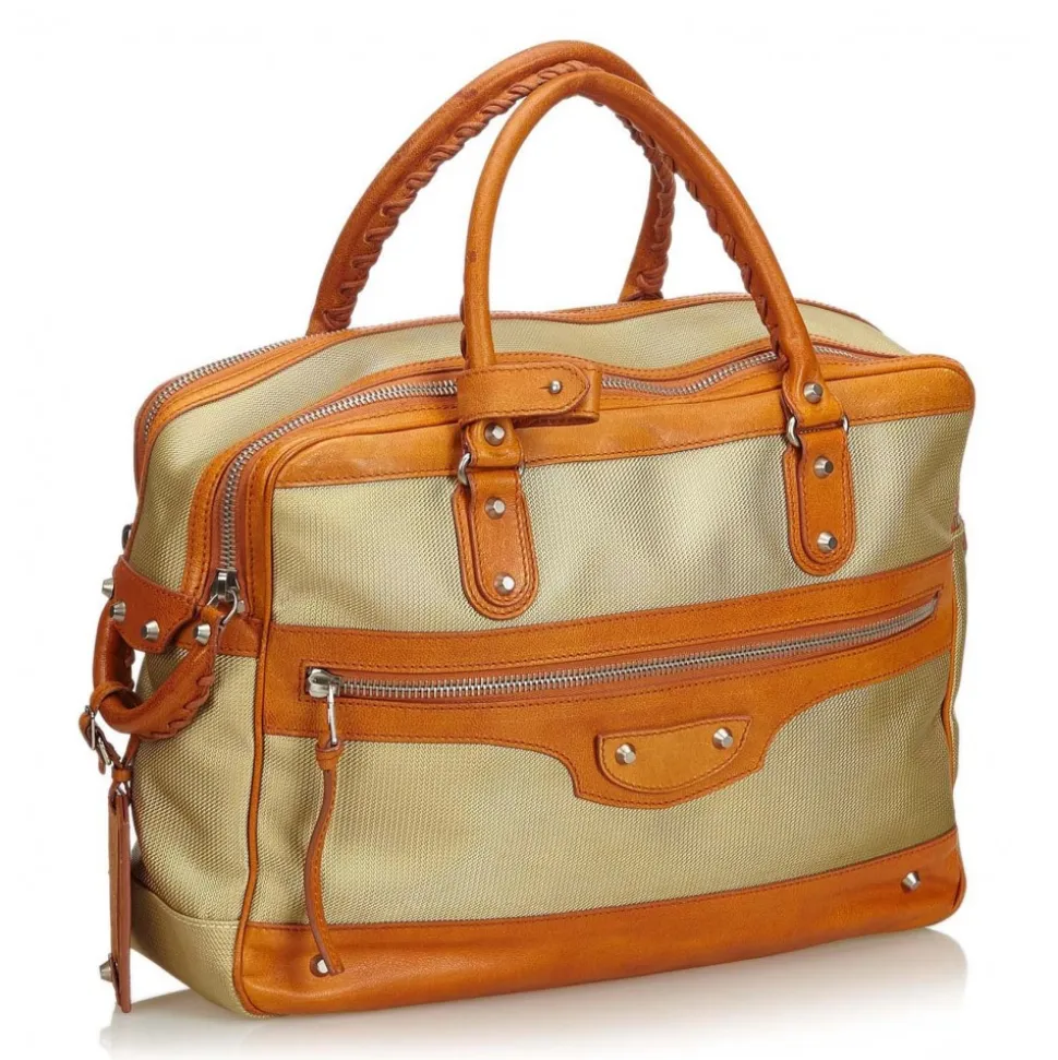Balenciaga Vintage - Nylon Travel Bag - Brown Beige - Leather and Canvas Handbag - Luxury High Quality - Avvenice