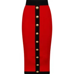 Balmain - Buttoned Knit Midi Skirt - Red Black - Balmain Exclusive Luxury Collection - Avvenice