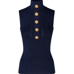 Balmain - Pointelle Knit High Neck Top - Navy Blue - Balmain Exclusive Luxury Collection - Avvenice