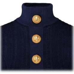 Balmain - Pointelle Knit High Neck Top - Navy Blue - Balmain Exclusive Luxury Collection - Avvenice