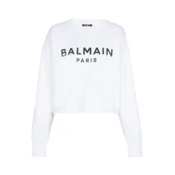 Balmain - Printed Bulky Cropped Sweatshirt - White Black - Balmain Exclusive Luxury Collection - Avvenice