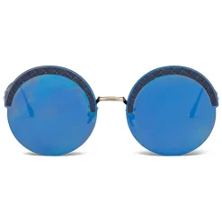 Bottega Veneta - Metal Gold and Leather Round Oversize Sunglasses - Gold Blue - Sunglasses - Bottega Veneta Eyewear - Avvenice