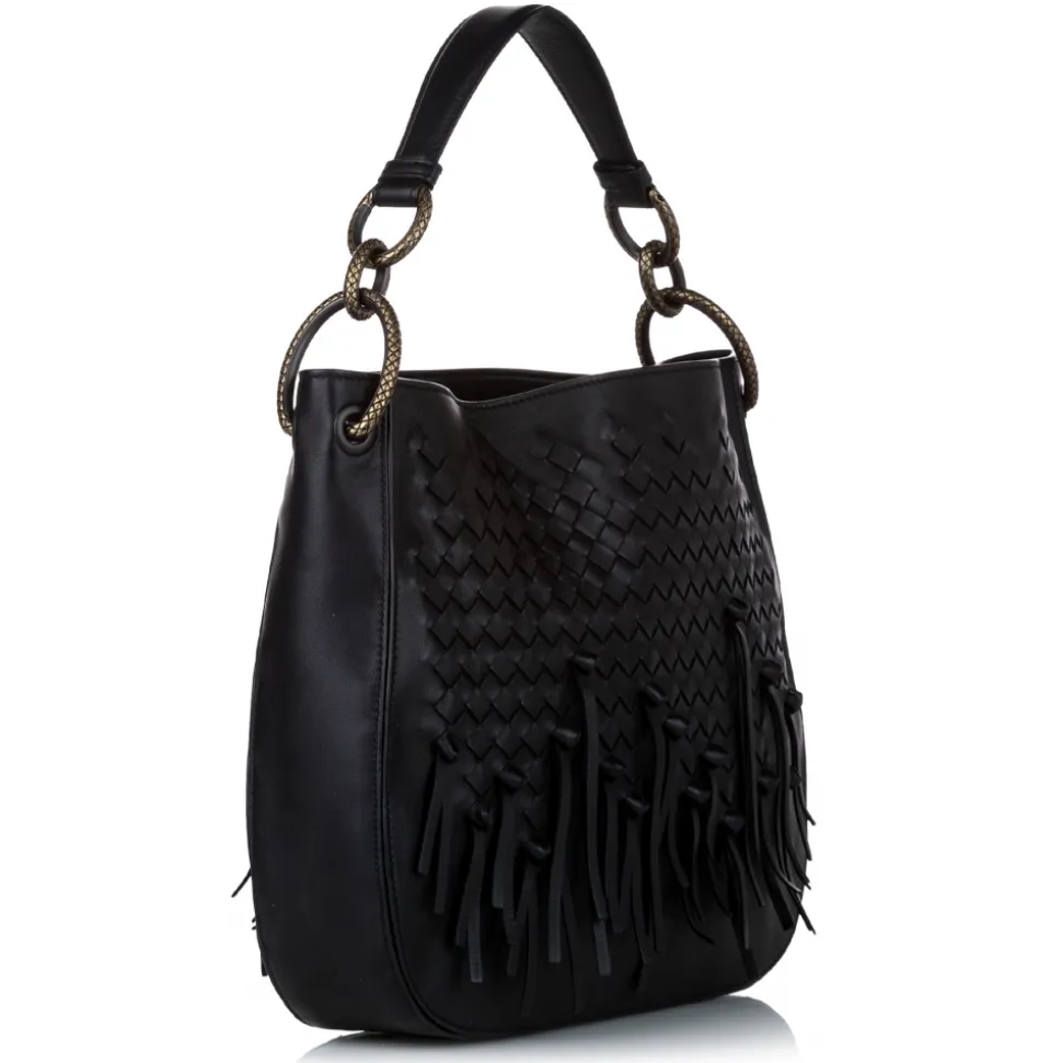 Bottega Veneta Vintage - Intrecciato Loop Fringe Hobo Bag - Black - Leather Handbag - Luxury High Quality - Avvenice