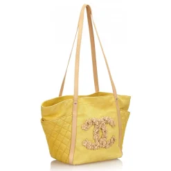 Chanel Vintage - Camellia CC Tote Bag - Yellow - Leather and Canvas Handbag - Luxury High Quality - Avvenice