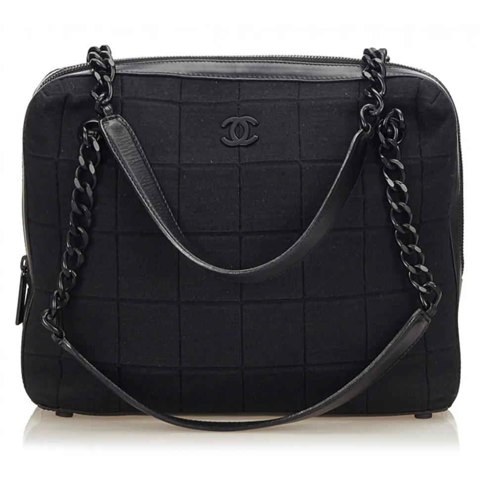 Chanel Vintage - Choco Bar Chain Cotton Handbag Bag - Black - Leather and Canvas Handbag - Luxury High Quality - Avvenice