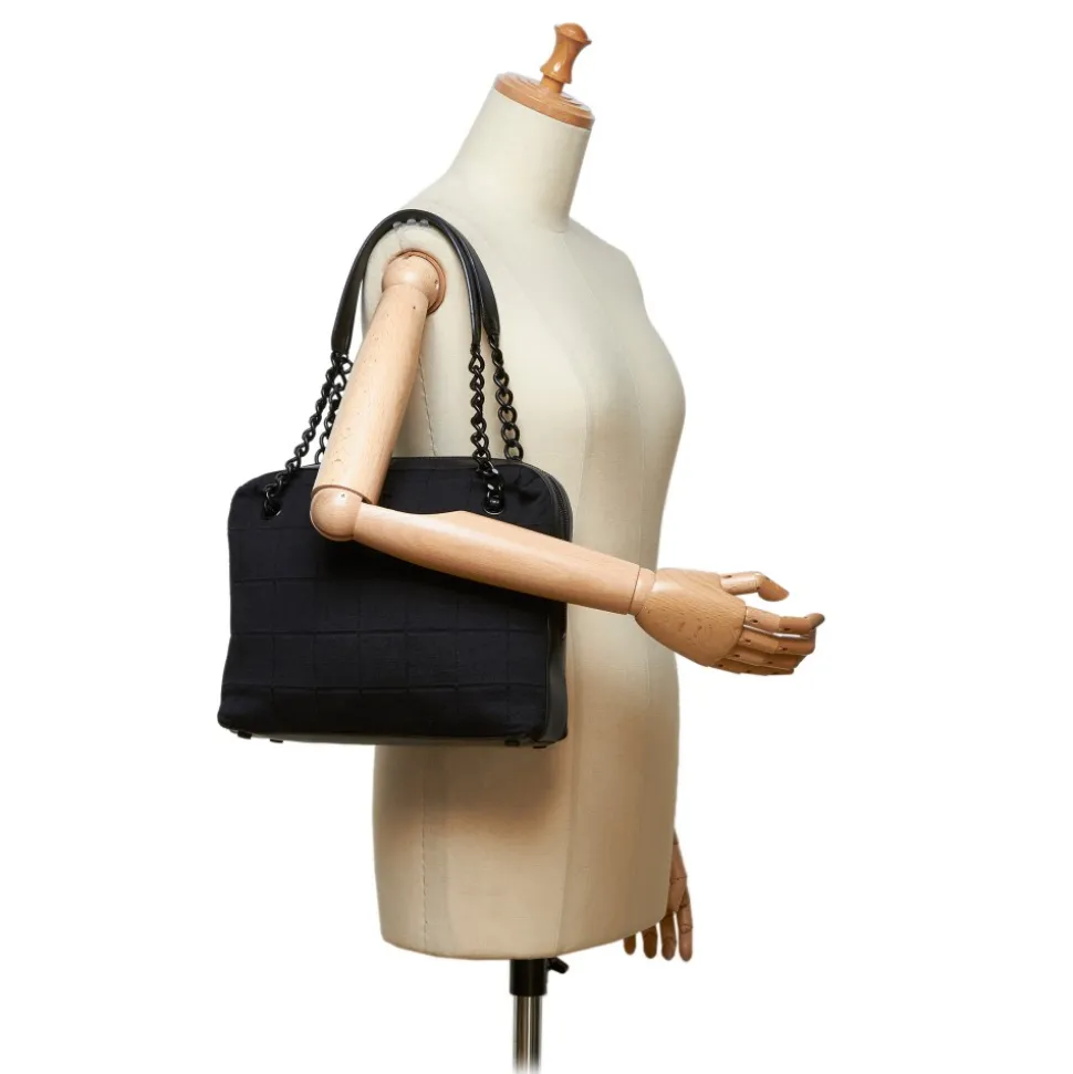 Chanel Vintage - Choco Bar Chain Cotton Handbag Bag - Black - Leather and Canvas Handbag - Luxury High Quality - Avvenice