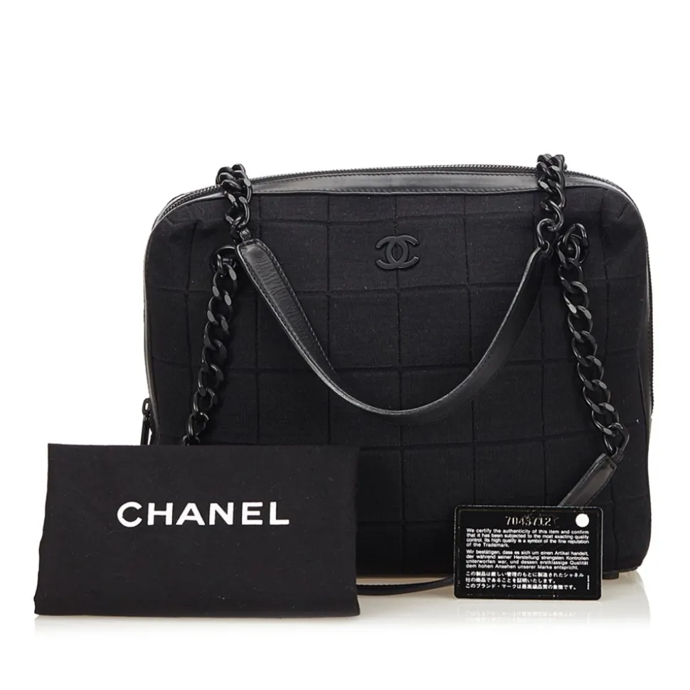 Chanel Vintage - Choco Bar Chain Cotton Handbag Bag - Black - Leather and Canvas Handbag - Luxury High Quality - Avvenice