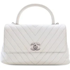 Chanel Vintage - Medium Caviar Chevron Coco Top Handle Satchel - White - Leather and Lambskin Handbag - Luxury High Quality - Avvenice