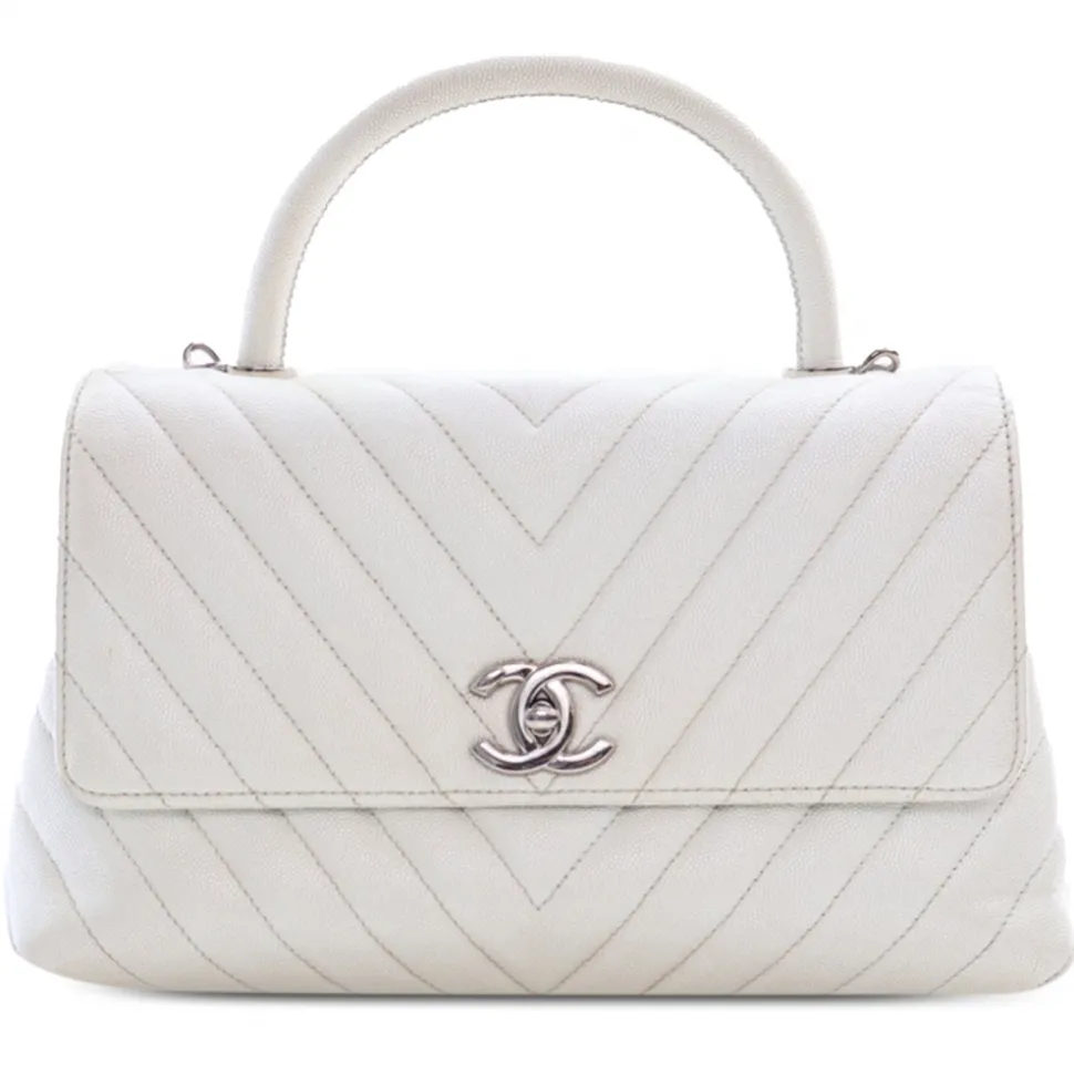 Chanel Vintage - Medium Caviar Chevron Coco Top Handle Satchel - White - Leather and Lambskin Handbag - Luxury High Quality - Avvenice