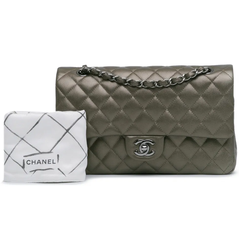 Chanel Vintage - Medium Classic Metallic Caviar Double Flap - Gray - Leather and Lambskin Handbag - Luxury High Quality - Avvenice
