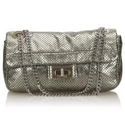 Chanel Vintage - Perforated Leather Flap Bag - Grey Silver - Leather Handbag - Luxury High Quality - Avvenice