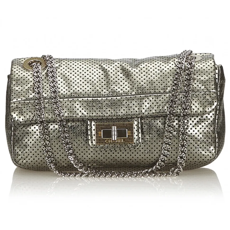 Chanel Vintage - Perforated Leather Flap Bag - Grey Silver - Leather Handbag - Luxury High Quality - Avvenice
