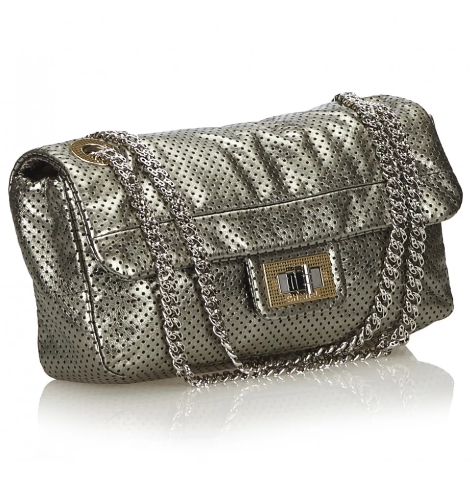 Chanel Vintage - Perforated Leather Flap Bag - Grey Silver - Leather Handbag - Luxury High Quality - Avvenice