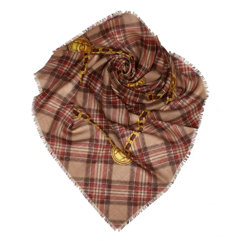 Chanel Vintage - Plaid Cashmere Silk Scarf - Brown Beige - Cashmere and Silk Foulard - Luxury High Quality - Avvenice