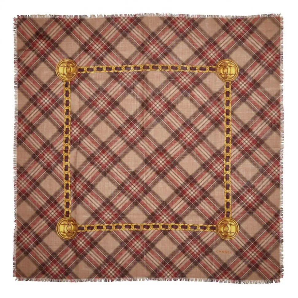 Chanel Vintage - Plaid Cashmere Silk Scarf - Brown Beige - Cashmere and Silk Foulard - Luxury High Quality - Avvenice