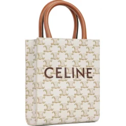 Céline - Mini Vertical Cabas in Triomphe Canvas and Calfskin with Celine Print - White - Bag - Céline Exclusive Collection - Avvenice