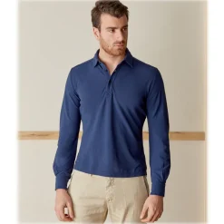 Cruna - Cannes Long Sleeves Polo - 573 - Navy - Handmade in Italy - Luxury High Quality Sweatshirt - Avvenice