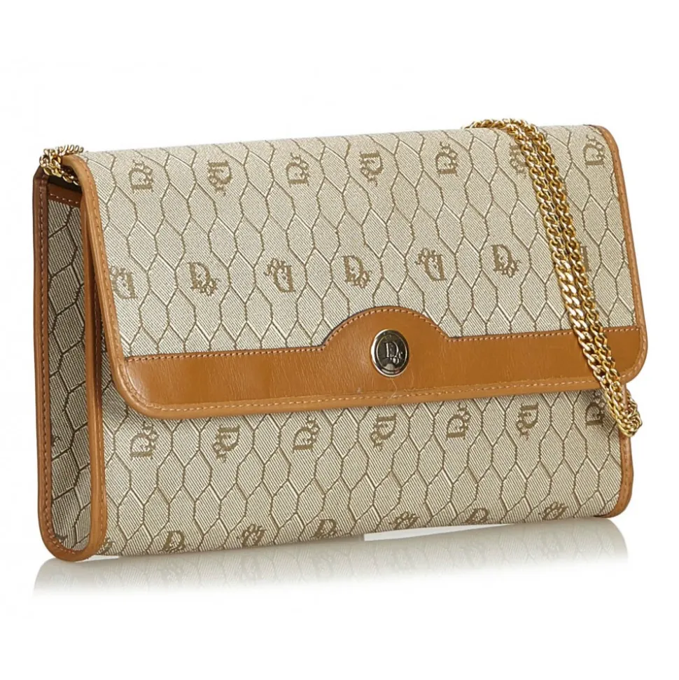 Dior Vintage - Honeycomb Coated Canvas Chain Crossbody Bag - Brown Beige - Leather Handbag - Luxury High Quality - Avvenice