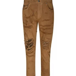 Dolce & Gabbana - Light Brown Cotton Ripped Slim Fit Jeans - Dolce & Gabbana Exclusive Luxury Collection - Avvenice