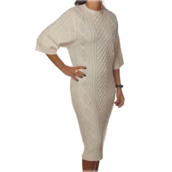 Elisabetta Franchi - 3/4 Long Sleeve Crew-Neck - Butter - Dress - Made in Italy - Luxury Exclusive Collection - Avvenice