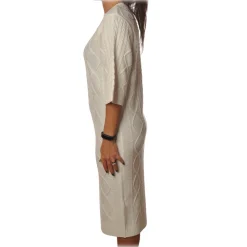 Elisabetta Franchi - 3/4 Long Sleeve Crew-Neck - Butter - Dress - Made in Italy - Luxury Exclusive Collection - Avvenice