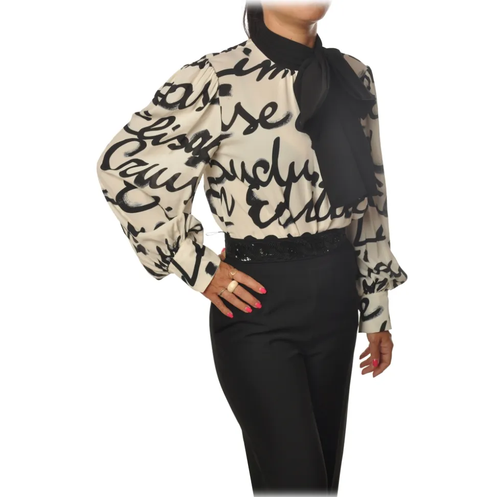 Elisabetta Franchi - Body with Long Sleeve - Butter/Black - Shirt - Made in Italy - Luxury Exclusive Collection - Avvenice