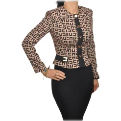 Elisabetta Franchi - Collarless Jacket in Logo Pattern - Black/Beige - Jacket - Made in Italy - Luxury Exclusive Collection - Avvenice