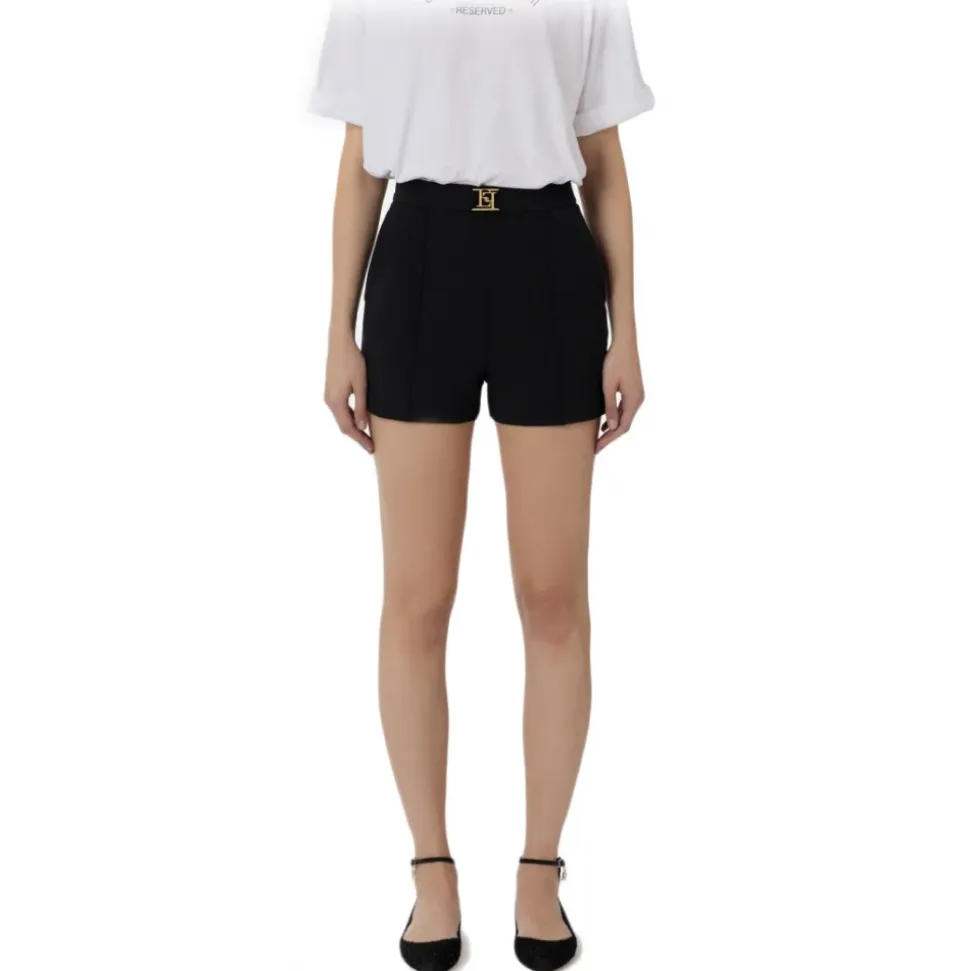 Elisabetta Franchi - High Waisted Shorts in Technical Fabric - Black - Trousers - Made in Italy - Luxury Exclusive Collection - Avvenice