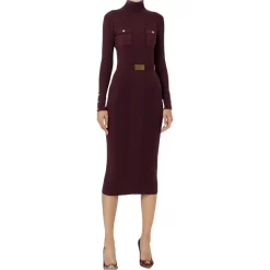 Elisabetta Franchi - High Neck Ribbed Longuette Dress - Bordeaux - Dress - Made in Italy - Luxury Exclusive Collection - Avvenice