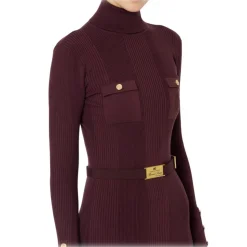 Elisabetta Franchi - High Neck Ribbed Longuette Dress - Bordeaux - Dress - Made in Italy - Luxury Exclusive Collection - Avvenice