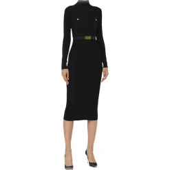 Elisabetta Franchi - High Neck Ribbed Longuette Dress - Black - Dress - Made in Italy - Luxury Exclusive Collection - Avvenice