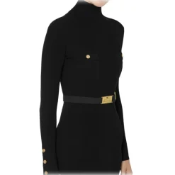 Elisabetta Franchi - High Neck Ribbed Longuette Dress - Black - Dress - Made in Italy - Luxury Exclusive Collection - Avvenice