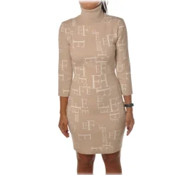 Elisabetta Franchi - High-Neck Dress in Logoed Fantasy - Beige/White - Dress - Made in Italy - Luxury Exclusive Collection - Avvenice