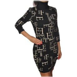 Elisabetta Franchi - High-Neck Dress in Logoed Fantasy - Nero/White - Dress - Made in Italy - Luxury Exclusive Collection - Avvenice