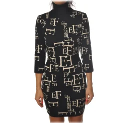 Elisabetta Franchi - High-Neck Dress in Logoed Fantasy - Nero/White - Dress - Made in Italy - Luxury Exclusive Collection - Avvenice