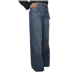 Elisabetta Franchi - High-Waisted Model in Washed Canvas - Blue - Trousers - Made in Italy - Luxury Exclusive Collection - Avvenice