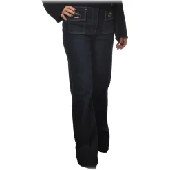 Elisabetta Franchi - High-Waisted Model in Non-Washed Canvas - Blue - Trousers - Made in Italy - Luxury Exclusive Collection - Avvenice