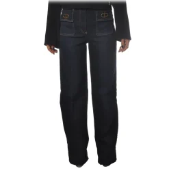 Elisabetta Franchi - High-Waisted Model in Non-Washed Canvas - Blue - Trousers - Made in Italy - Luxury Exclusive Collection - Avvenice