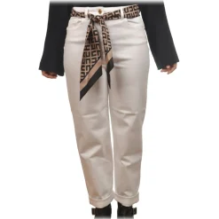 Elisabetta Franchi - Jeans with Removable Logo Ribbon Belt - White - Trousers - Made in Italy - Luxury Exclusive Collection - Avvenice