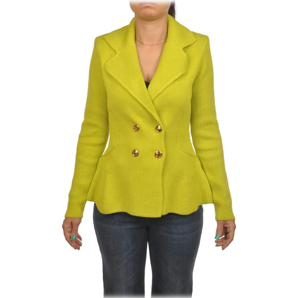 Elisabetta Franchi - Knitted Double-Breasted Jacket - Yellow - Jacket - Made in Italy - Luxury Exclusive Collection - Avvenice