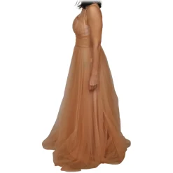 Elisabetta Franchi - Long Tulle Dress with Pleated Skirt - Beige - Dress - Made in Italy - Luxury Exclusive Collection - Avvenice