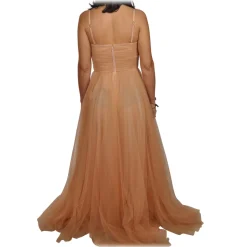 Elisabetta Franchi - Long Tulle Dress with Pleated Skirt - Beige - Dress - Made in Italy - Luxury Exclusive Collection - Avvenice