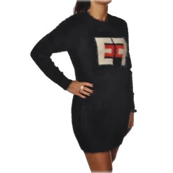 Elisabetta Franchi - Long-Sleeved Crew-Neck Mini Dress - Black Lacquer - Dress - Made in Italy - Luxury Exclusive Collection - Avvenice