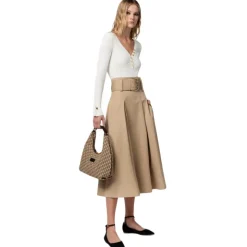 Elisabetta Franchi - Midi Skirt with Darts and Belt - Beige - Skirt - Made in Italy - Luxury Exclusive Collection - Avvenice